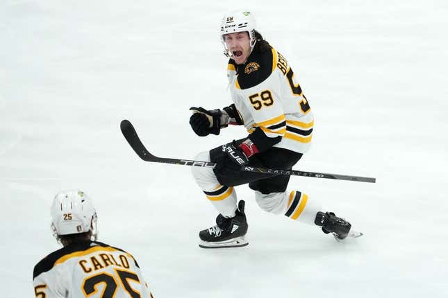 April 23, 2023; Sunrise, FL, USA; Boston Bruins left wing Tyler Bertuzzi (59) 4th in round 1 of 2023 Stanley Cup Playoffs at FLA Live Arena Celebrating a goal in the third quarter against the Florida Panthers.